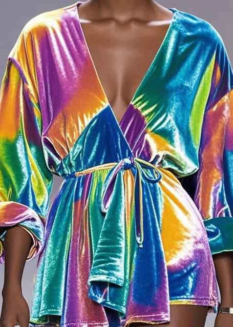 Rainbow Tie Waist Tie Dye Silk Velour Shirt Fall