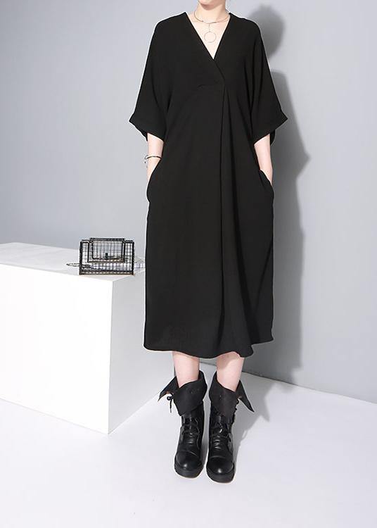 Handmade Black V Neck Tie Waist Summer Dress