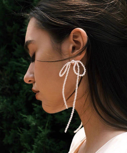 White Alloy Bow Beading Tassel Drop Earrings