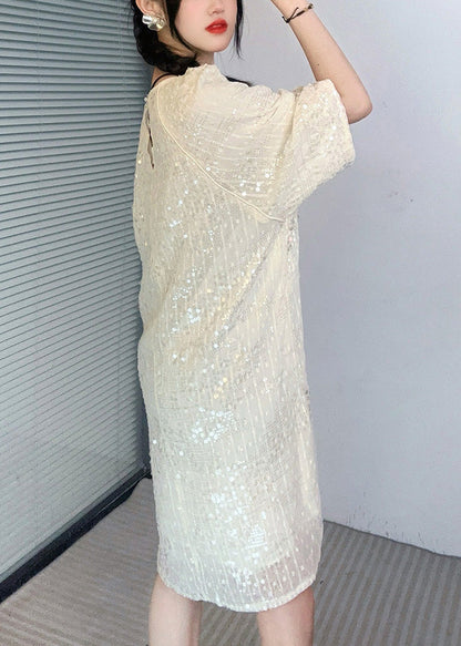 New Apricot O-neck Sequins Patchwork Dresses Summer