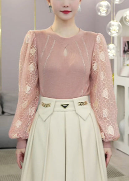 Pink Hollow Out Patchwork Knit Fake Two Piece Shirt Top Fall