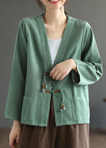 Green Tasseled Pockets Patchwork Corduroy Coat Fall