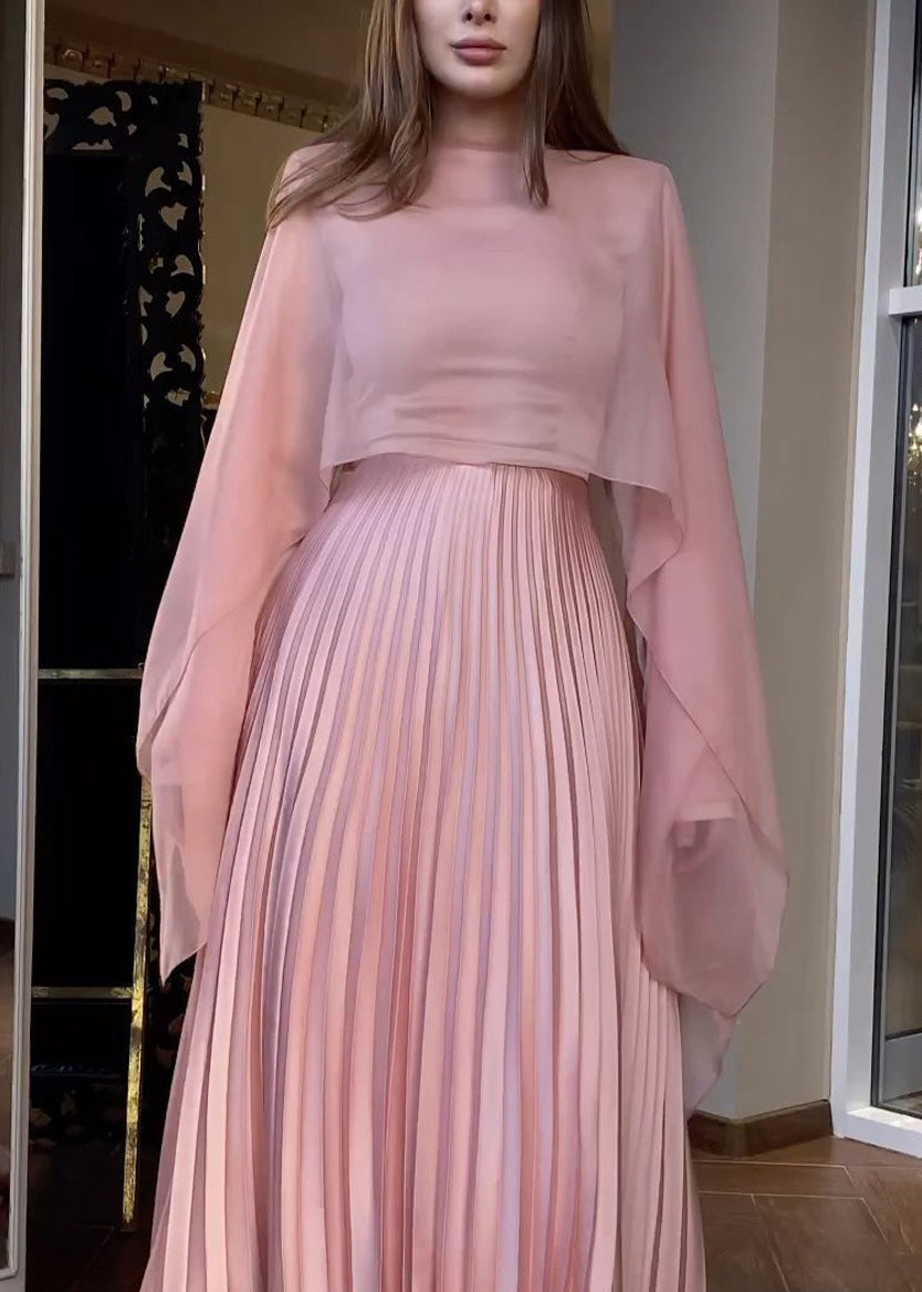 Spring New Pink Pleated Long Sleeved Dress Shawl Set
