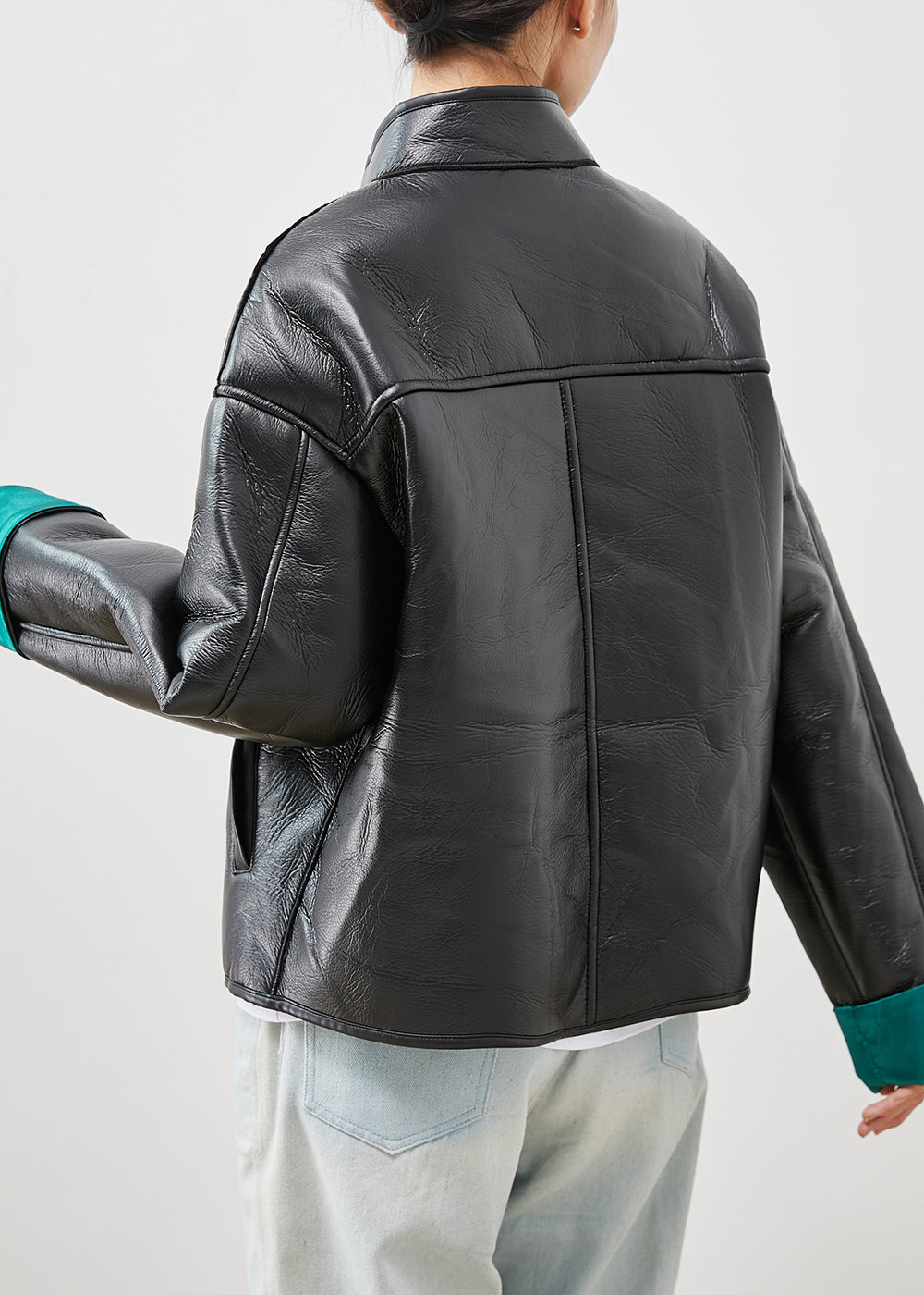 Black Embroideried Patchwork Warm Fleece Faux Leather Jackets Winter