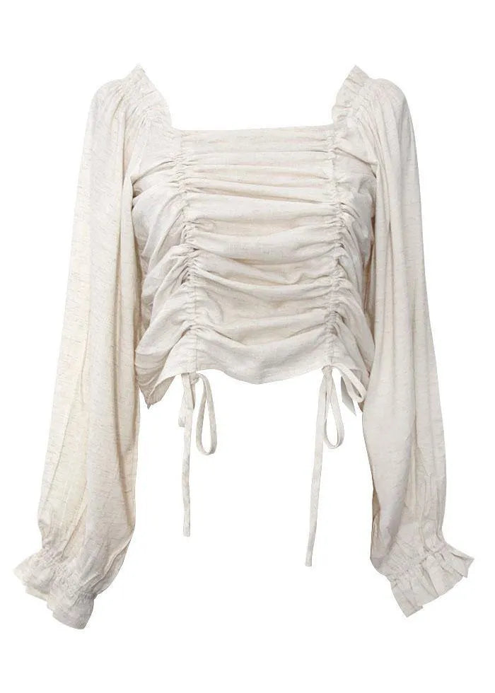 Unique Beige Cinched Lantern Sleeve Cotton Summer Shirts