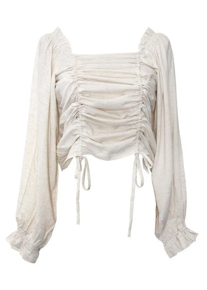 Unique Beige Cinched Lantern Sleeve Cotton Summer Shirts