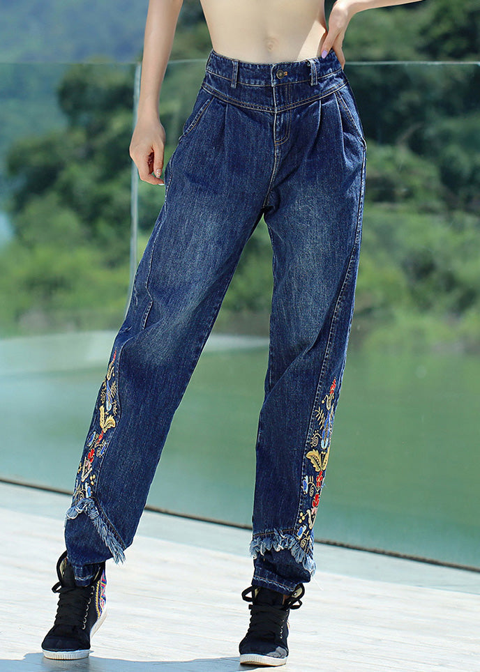 Retro Denim Blue Button Embroideried Straight Pants Spring