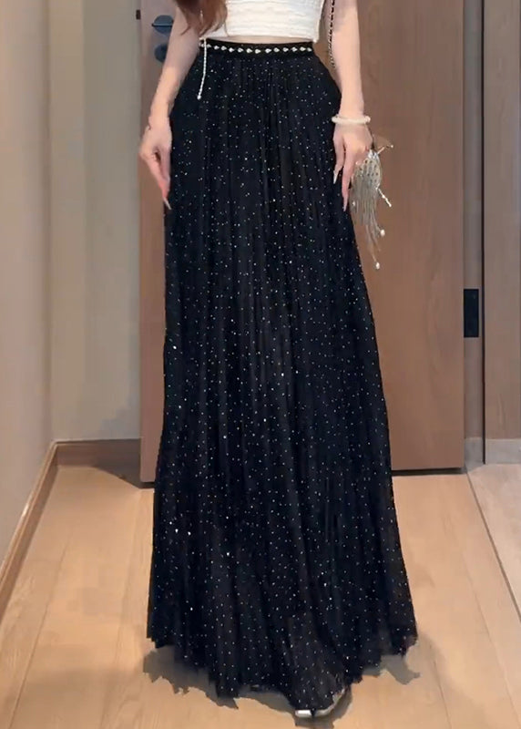 New Black Zircon Wrinkled Tulle Maxi Skirts Summer