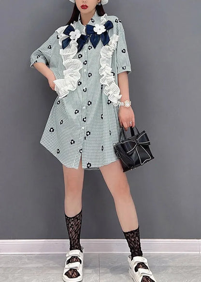 Plaid Peter Pan Collar Button Lace Patchwork Shirt Half Sleeve