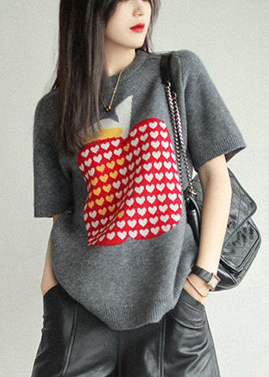 Jacquard Grey O-neck Knit Pullover Short Sleeve