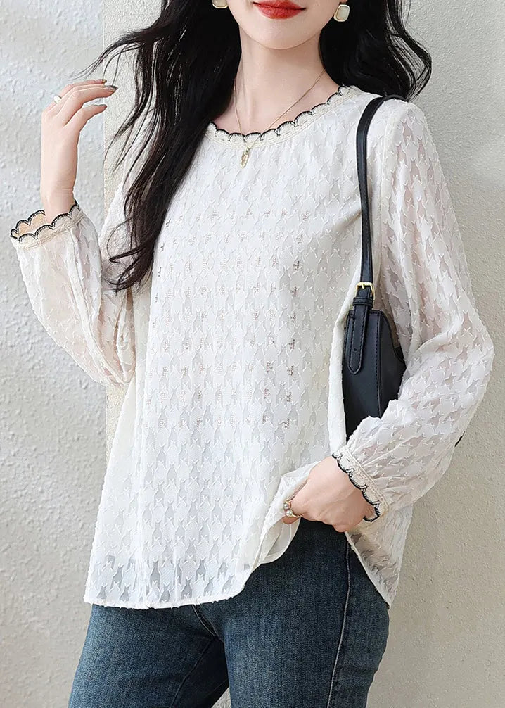 Modern White O-neck Jacquard Lace Top Fall