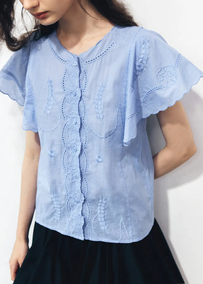 Organic Blue Embroidered Cotton Shirts Butterfly Sleeve