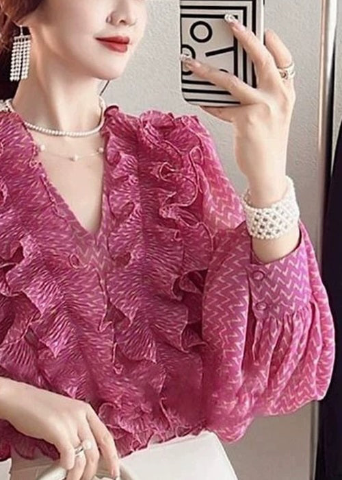 Pink V Neck Ruffled Print Chiffon Shirt Spring