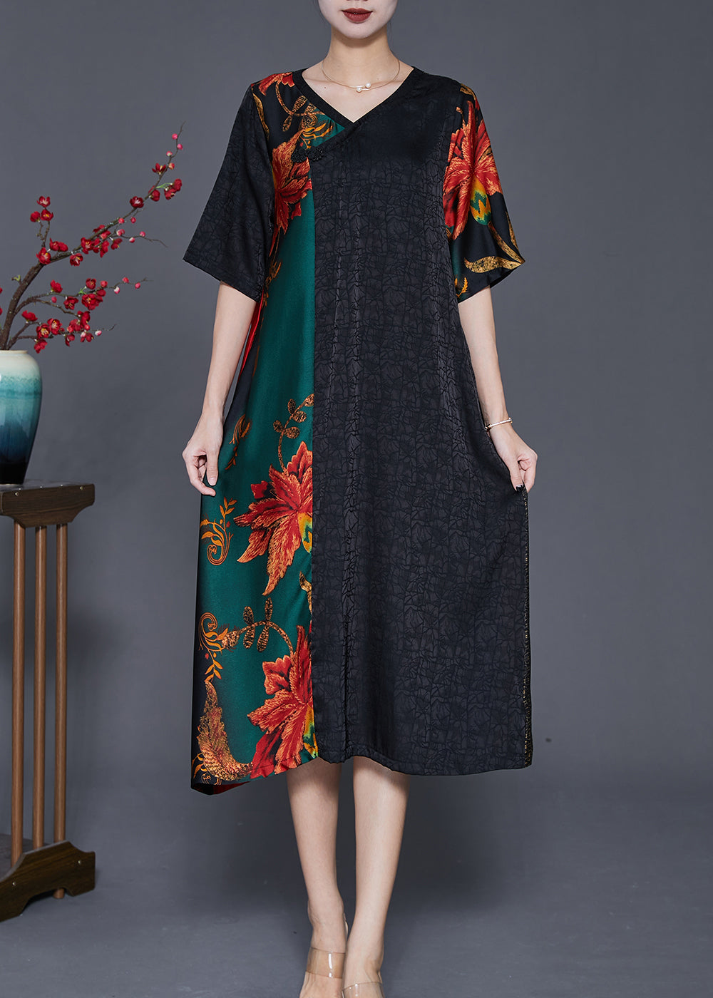Colorblock V Neck Patchwork Silk Robe Dresses Summer