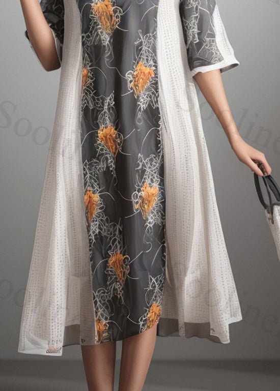 Loose Colorblock O Neck Print Patchwork Silk Dress Summer