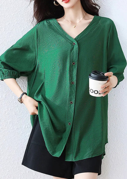 Tea Green Cotton Shirt V Neck Oversized Fall