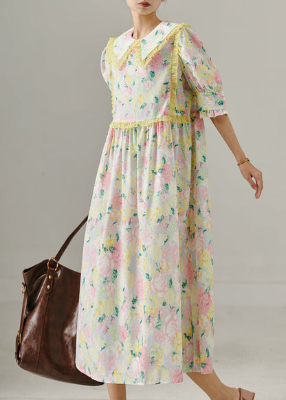 Modern Pink Ruffle Print Holiday Cotton Dress Puff Sleeve Summer