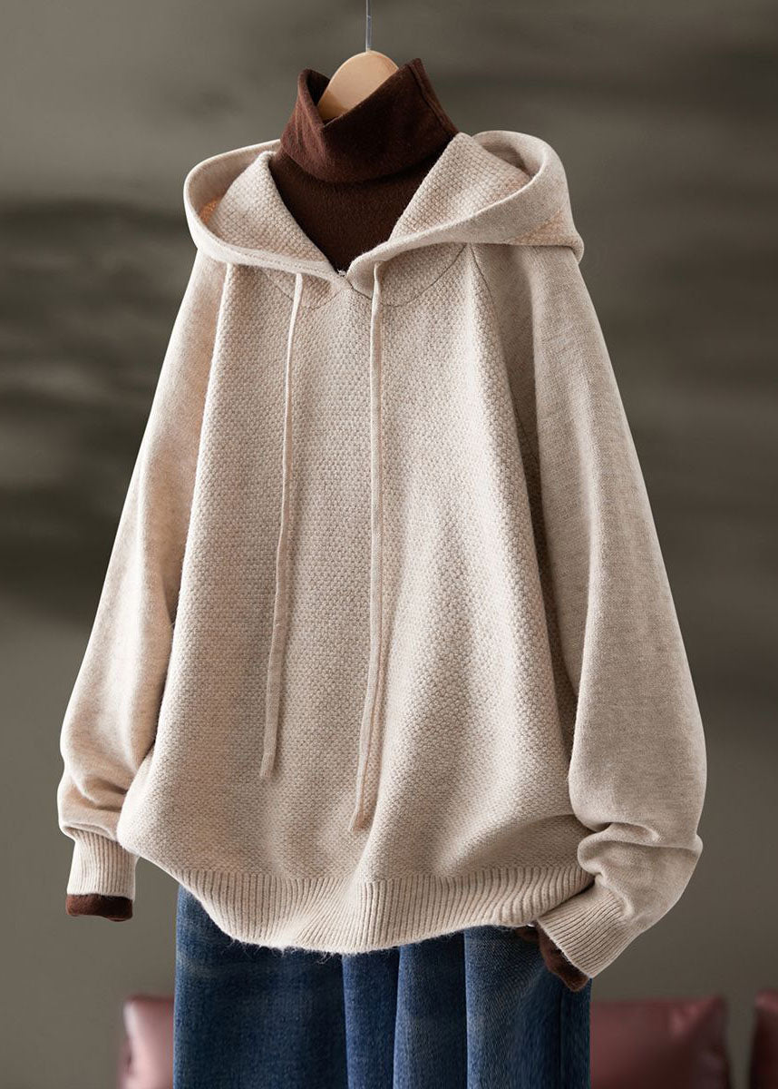 Beige Hooded Drawstring Knit Sweatshirts Top Spring
