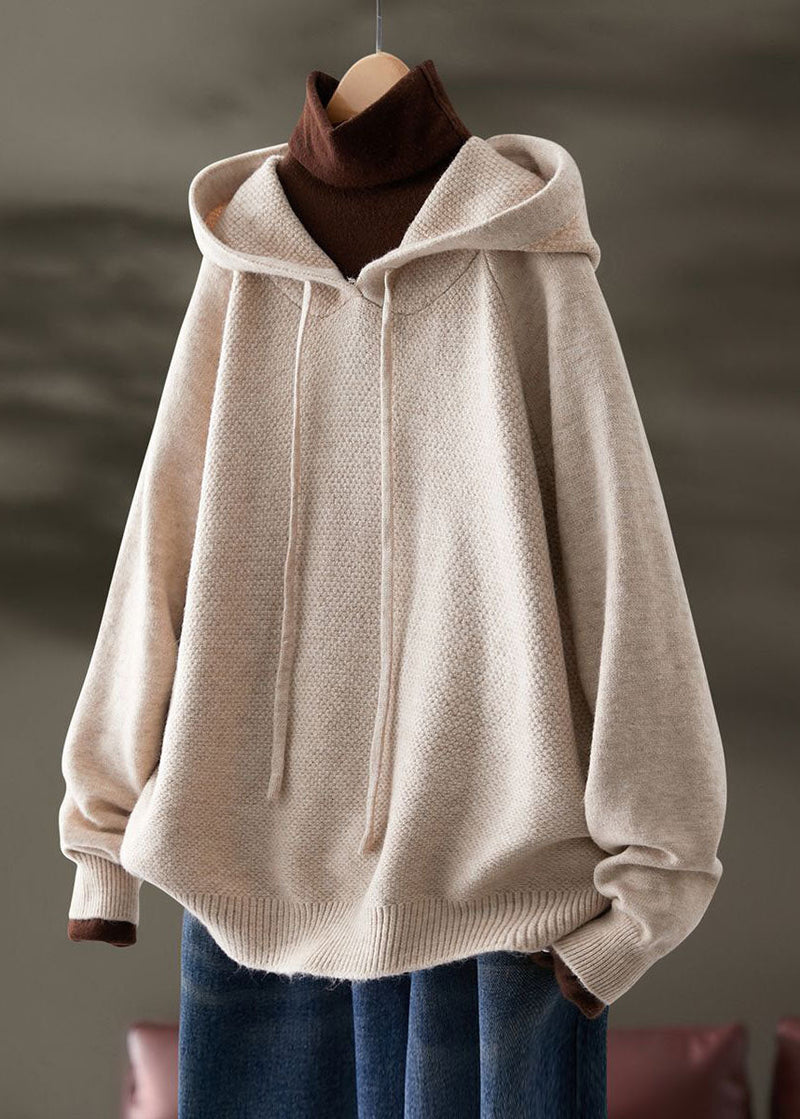 Beige Hooded Drawstring Knit Sweatshirts Top Spring