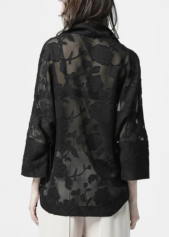 Loose Black Lace Button Chiffon Blouses Batwing Sleeve