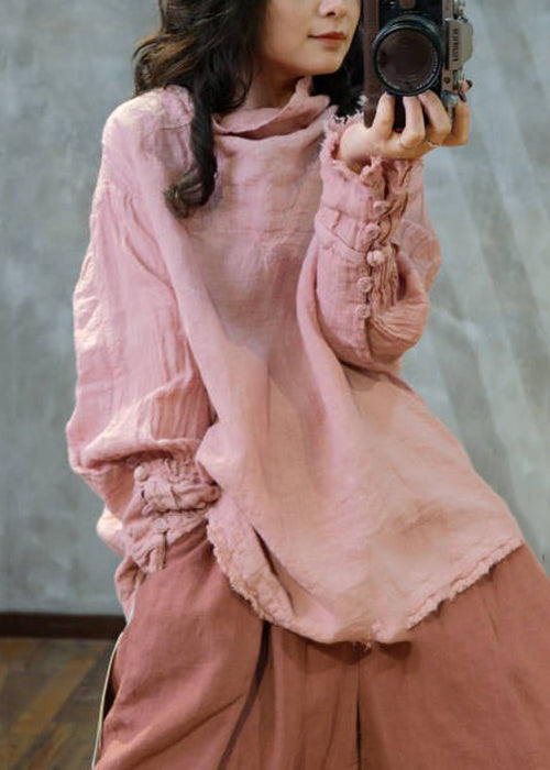 Loose Blue Turtle Neck Linen T Shirt Long Sleeve