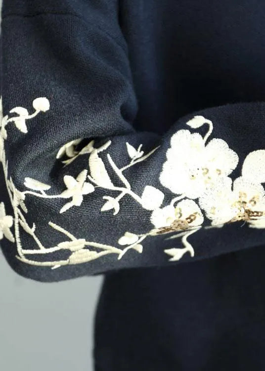 Diy Navy O-neck Sequins Embroideried Fall Knit Sweaters