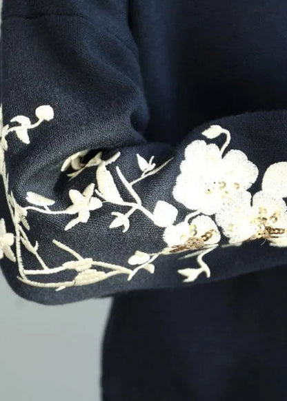 Diy Navy O-neck Sequins Embroideried Fall Knit Sweaters