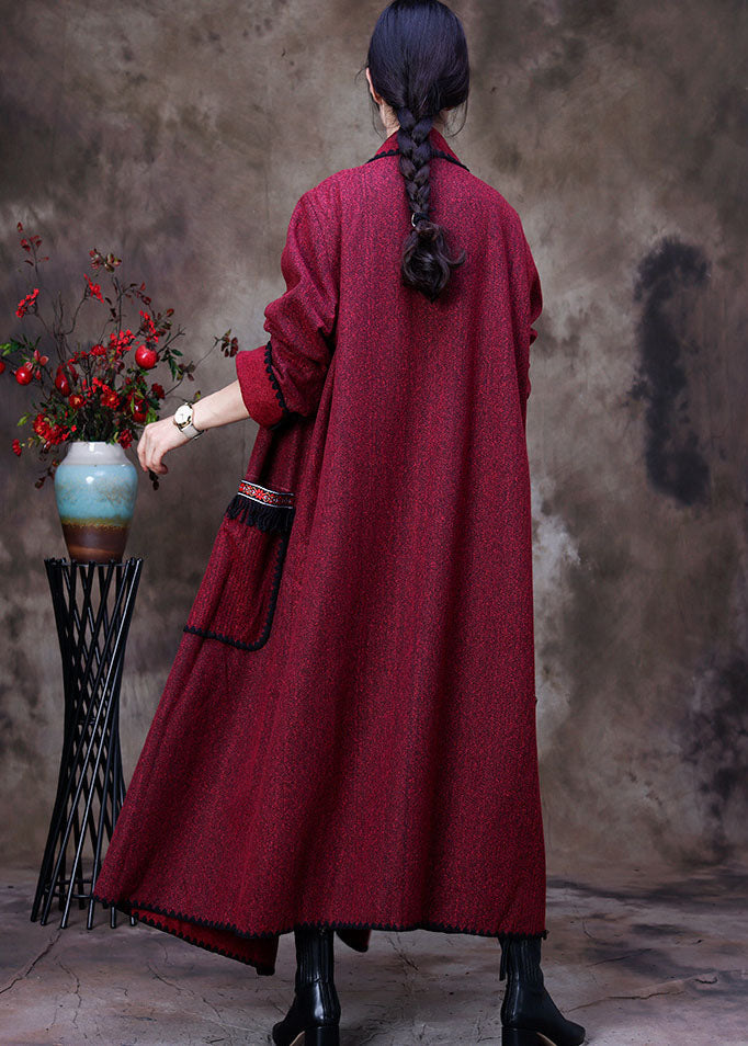 Red Peter Pan Collar Asymmetrical Design Pockets Cashmere Coats Spring
