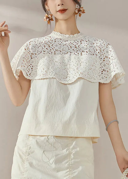 French White Lace Hollow Out Cotton Shirt Short Sleeve