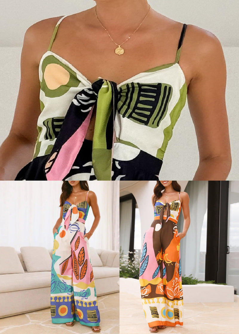 Green Print Zippered Pockets Cotton Wide Leg Jumpsuit Sleeveless