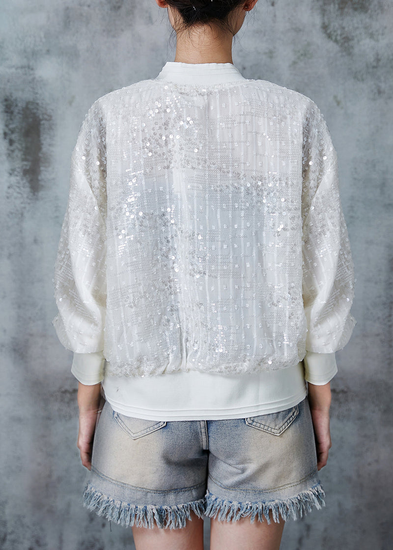 Beige Sequins Pockets Cotton Jackets Summer