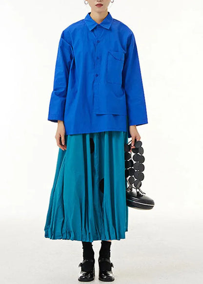 Blue Asymmetrical Design Patchwork Cotton Shirts Top Long Sleeve
