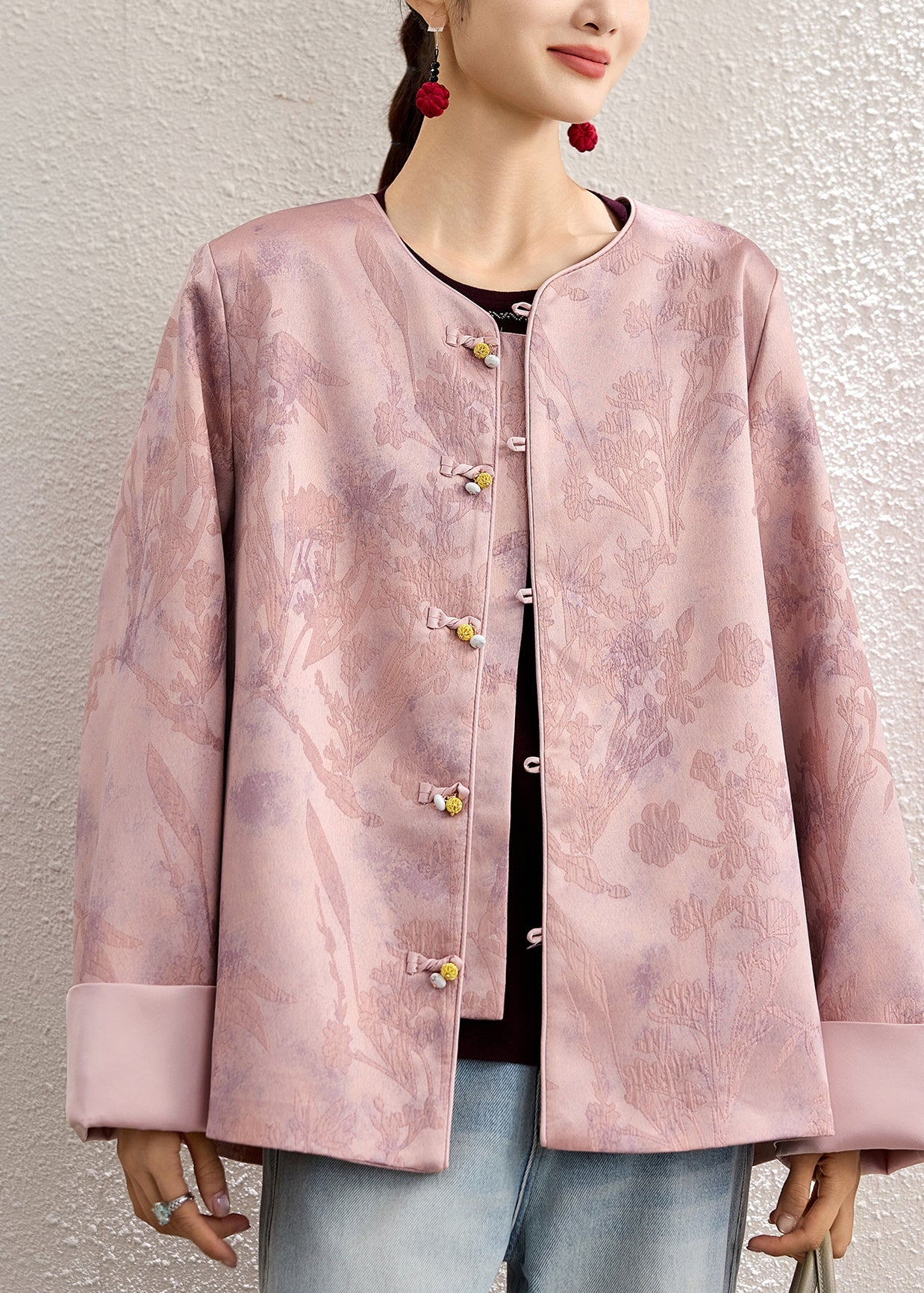 Pink Oversized Jacquard Fine Silk Jackets Spring
