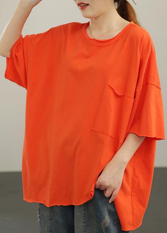 Style Orange O-neck Pockets Cotton Tops Summer