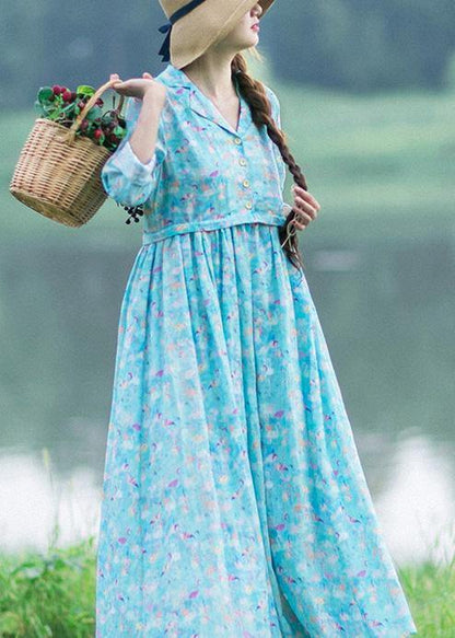 Italian Blue Print Clothes Notched Cinched Maxi Summer Dresses