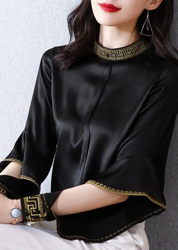 Black Stand Collar Embroideried Ruffles Silk Shirt Spring
