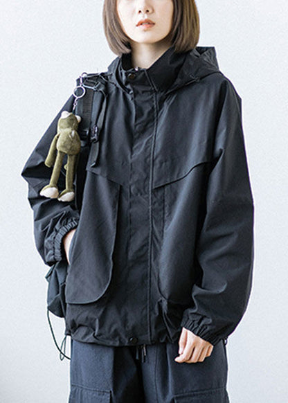 Black Patchwork Button Pockets Zippered Drawstring Hooded Coats Long Sleeve
