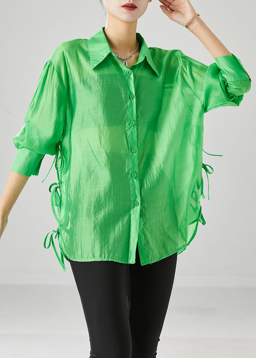 Fluorescent Green Lace Up Silk Blouses Fall