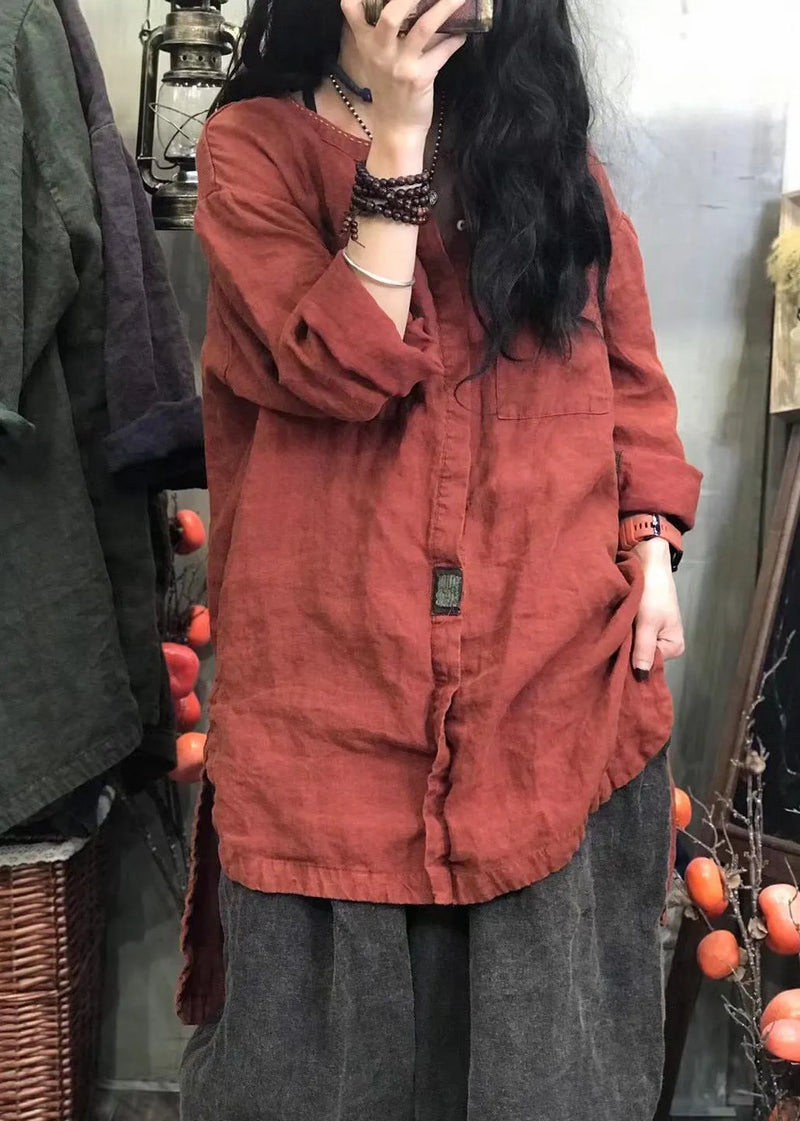 Black O-neck Pocket Patchwork Low High Design Linen Shirts Long Sleeve