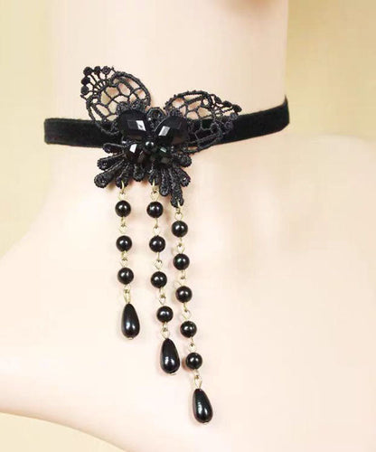 Black Copper Alloy Lace Butterfly Pearl Tassel Pendant Necklace