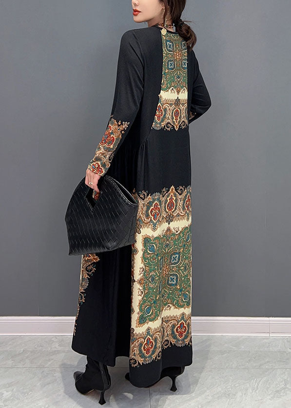 Black O Neck Wrinkled Print Silk Dresses Spring