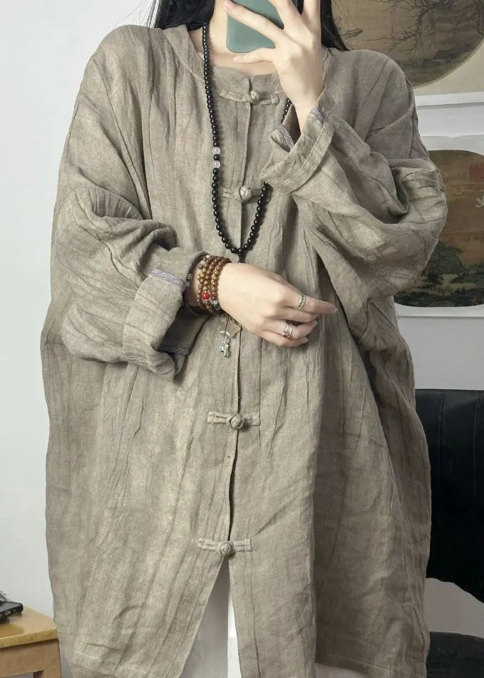 Grey Brown Stand Collar Chinese Button Linen Shirt Top Fall
