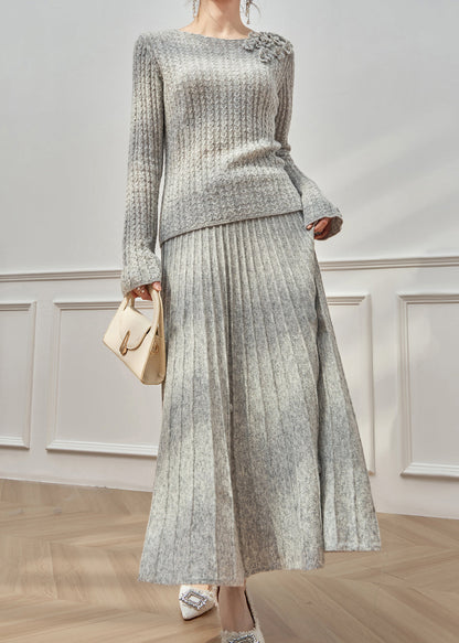 Grey O Neck Sweaters and Maxi Skirts Cable Knit Two Pieces Set Flare Sleeve