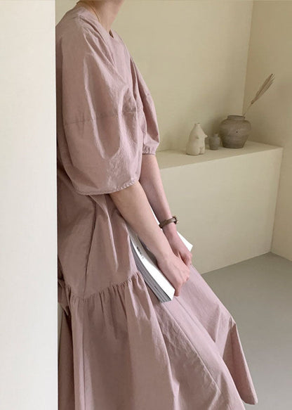 Pink Puff Sleeve Patchwork Cotton Vacation Dresses Spring
