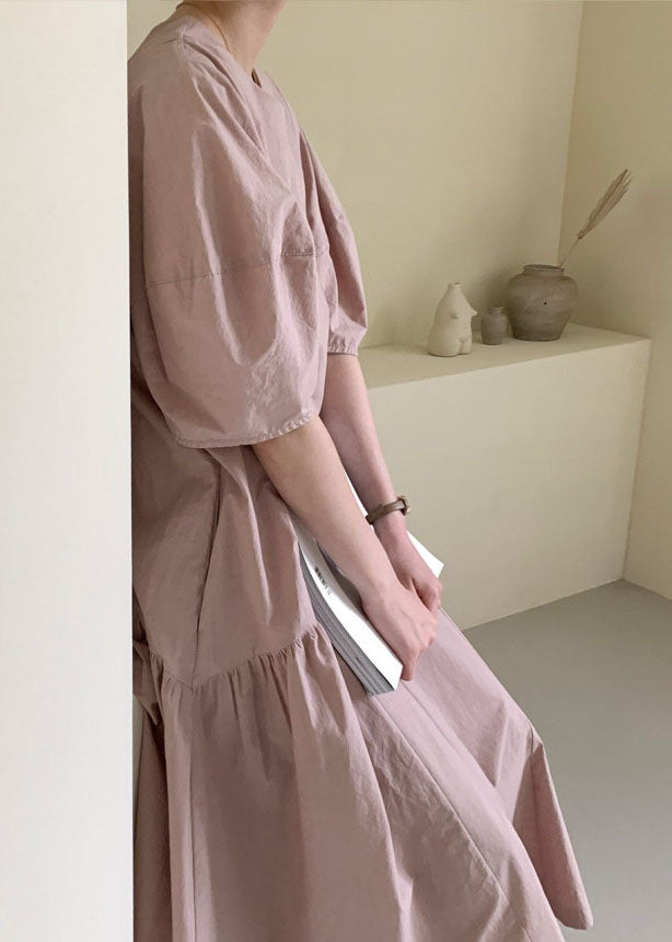 Pink Puff Sleeve Patchwork Cotton Vacation Dresses Spring