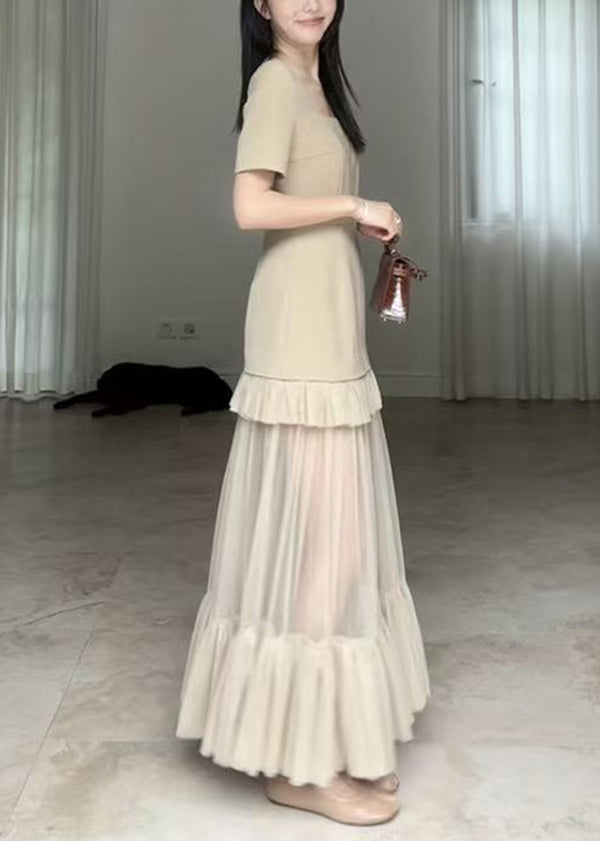 Khaki Square Collar Ruffled Patchwork Cotton Long Dresses Summer