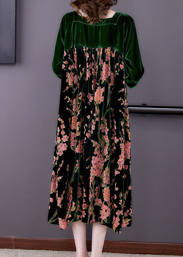 Green Patchwork Print Velour Dresses Winter