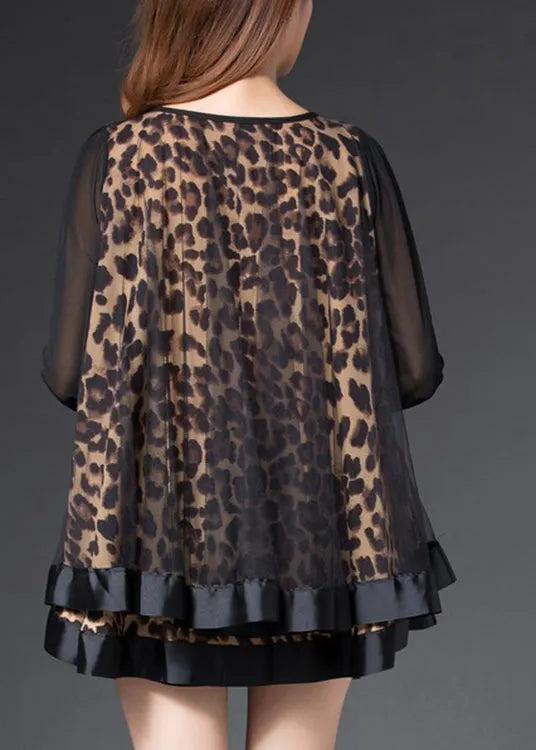 Handmade Leopard Patchwork Chiffon Shirt Tops Long Sleeve