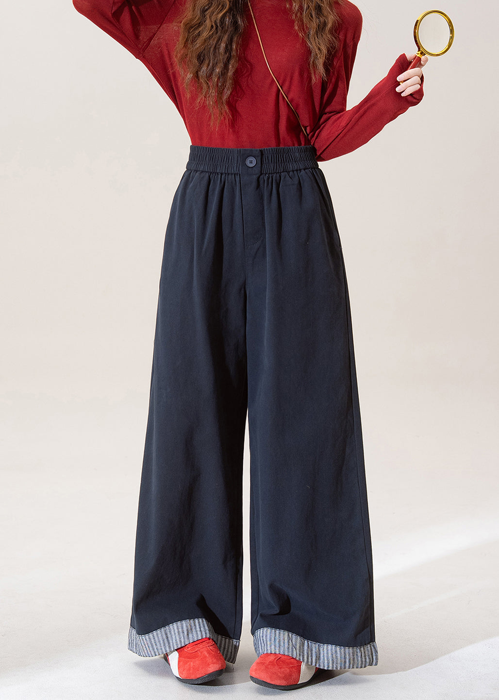 Stylish Blue Elastic Waist Patchwork Denim Wide Leg Pants Spring