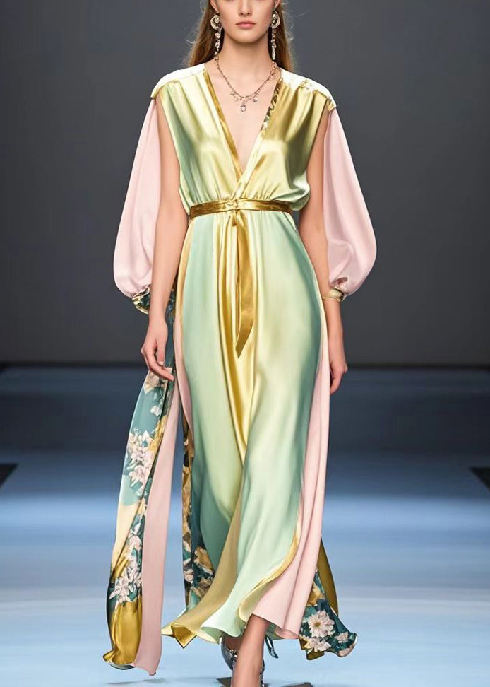 Boutique Gradient Color Cinched Patchwork Silk Long Dress Fall